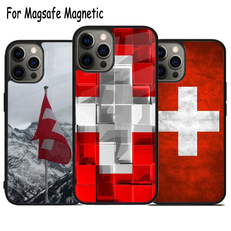 Swiss National Flag Wireless Charge Magsafe Phone Case For iPhone 15 16 14 13 11 12 Pro Max Plus Magnetic Bumper Cover