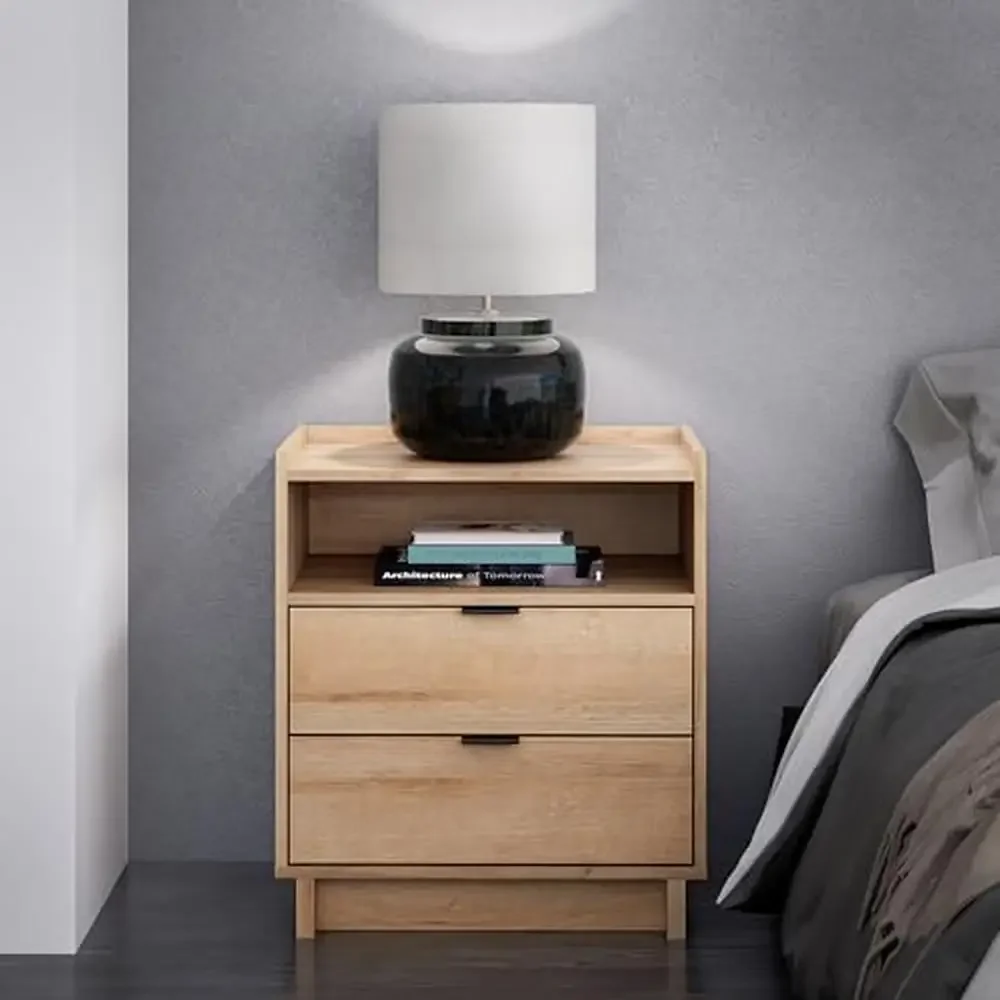 Modern Oak Nightstand with 3 Drawers & Open Shelf 23.75