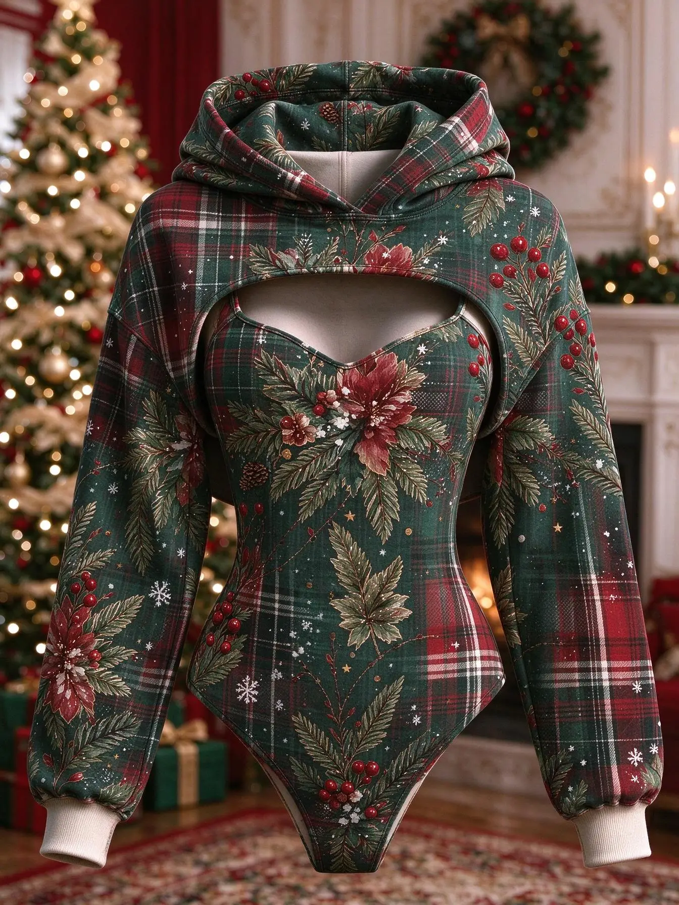 Women 2Pcs Christmas Plaid Pine Berry Print Outfit Sleeveless Bodysuit + Hooded Long Sleeve Shrug Set Xmas Holiday Costume
