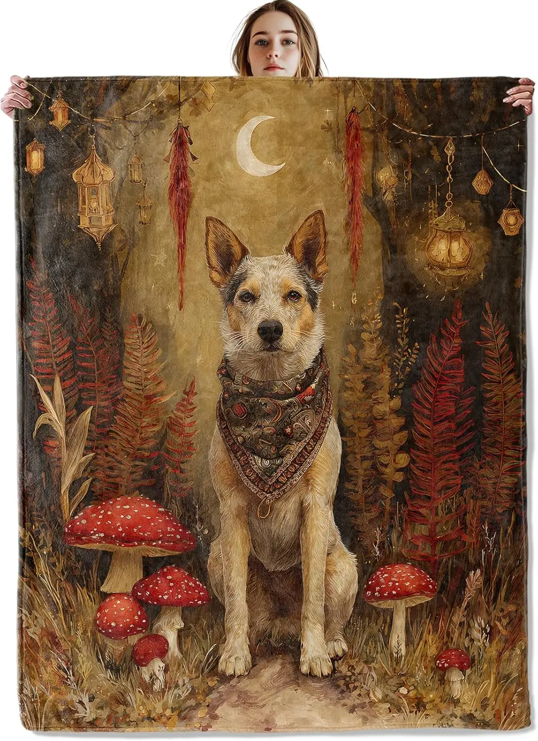 

Одеяло для собак Mystical, мягкое, уютное, легкое, зачарованное лесное одеяло с грибами, папоротниками и фонариками для женщин и детей