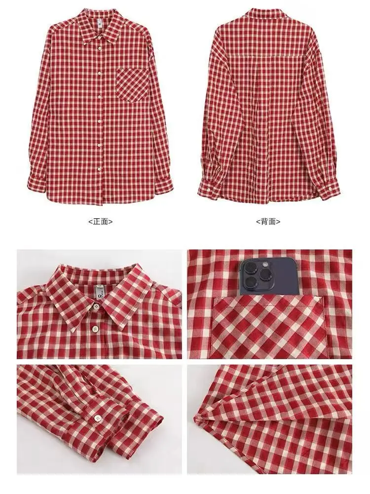 Harajuku Damen Rote Karierte Hemden Frühling Sommer Streetwear Hemden Langarm Kragen Knopfverschluss Retro Sonnenschutzkleidung – Detail 3