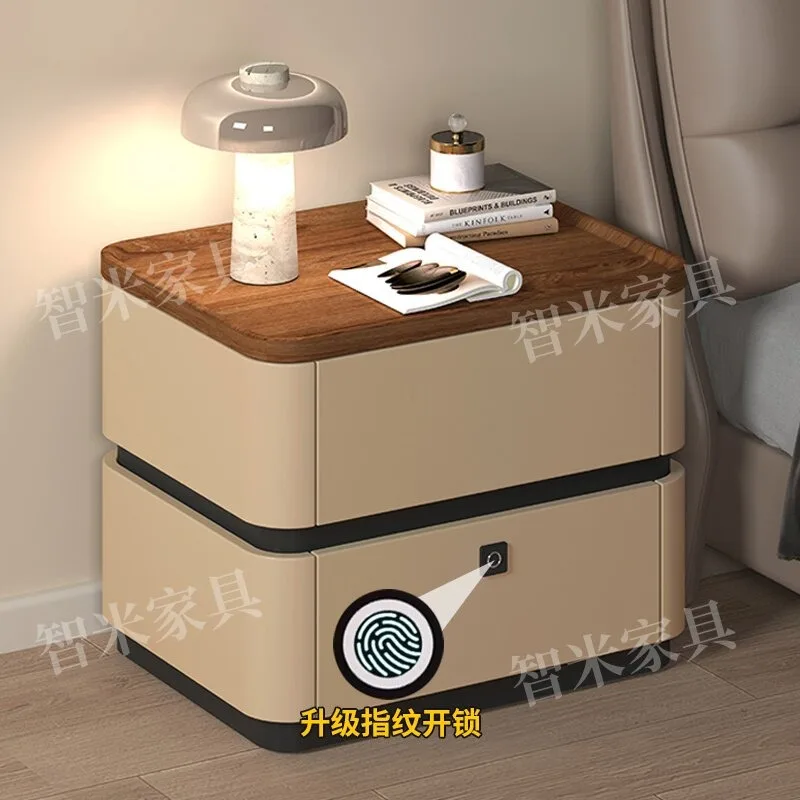 All solid wood bedside table pine with lock fingerprint lock household bedroom light luxury senior sense 2025 new bedside table