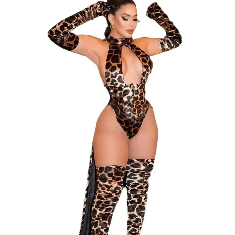 

Leopard Bodysuit With Gloves Stocking 5-Piece Sissy Crotchless Body Suits Women Halter Deep-V Body Sexy Tops Tights