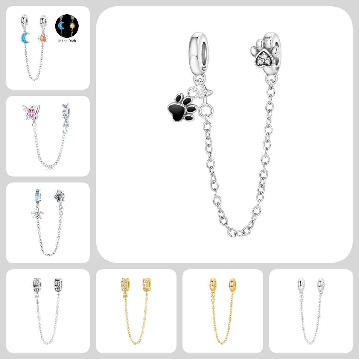 925 Sterling Silver Cute Pet Paw Prints Starfish Shells Butterfly Safety Chain for Original Bracelet DIY Jewelry Making Charm