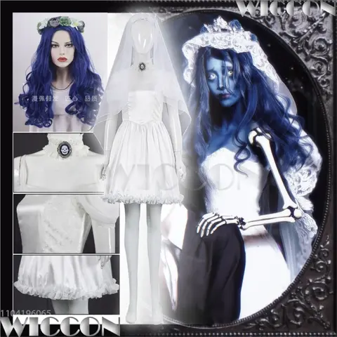 Emily Corpse Bride Anime Movie Cosplay Gothic Girl Outfit White Wedding Dress Veil Blue Curly Wig Withered Garlands Halloween