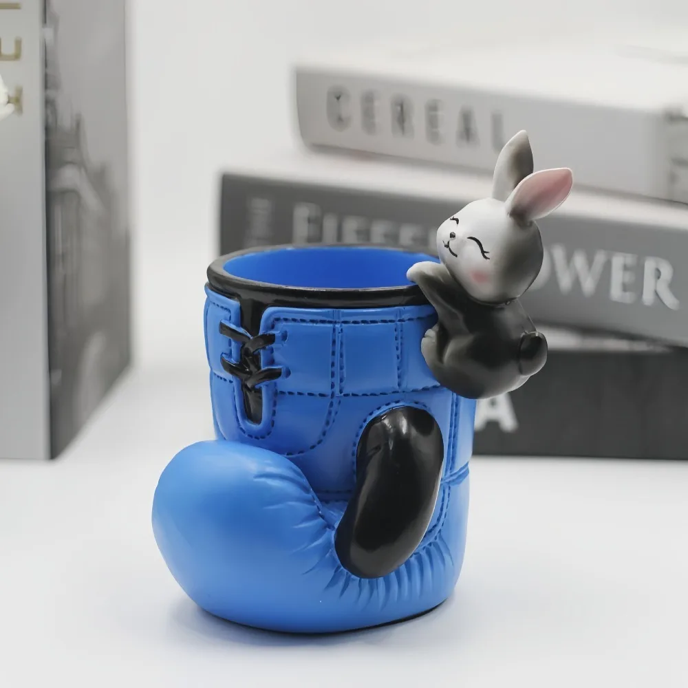 قفازات ملاكمة من الراتنج متعددة الأغراض، قاعدة ثابتة مع حامل أقلام على شكل حيوانات كرتونية، هدية صندوق أقلام أزرق/أحمر