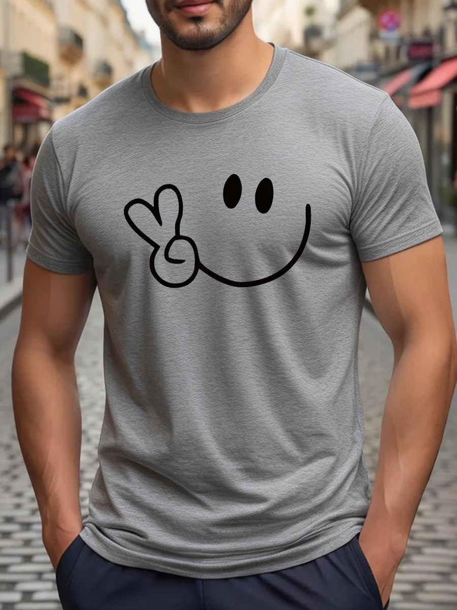 White Short-Sleeve T-Shirt with Black Peace Sign Smile Face Graphic Print Casual Daily Wear