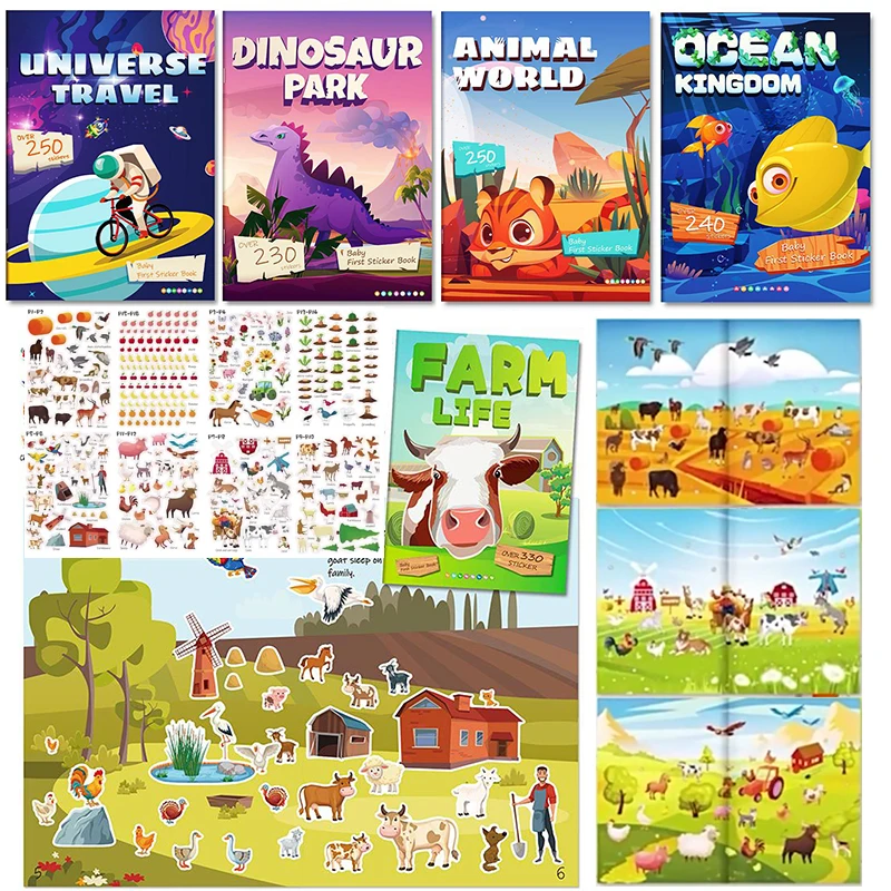 Kids Sticker Activity Book 230+ Reusable Stickers 8 Scenes Books Ocean Animals Farm Dinos Themes Children Gifts Toy Party Favor