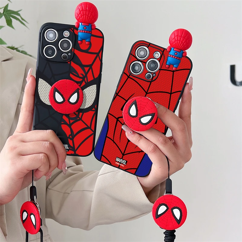 Funda de teléfono con soporte de Spider Man Marvel de dibujos animados en 3D para Motorola Moto E7 E20 E30 E40 E22 E22S E32 E7i E22i cubierta de cuerda con correa de juguete