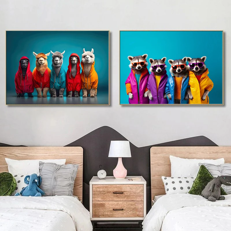 الألبكة اللاما الراكون قماش طباعة اللوحة لطيف موضة الحيوان الجدار ملصق فني صورة حديثة غرفة المعيشة ديكور المنزل كوادروس #5