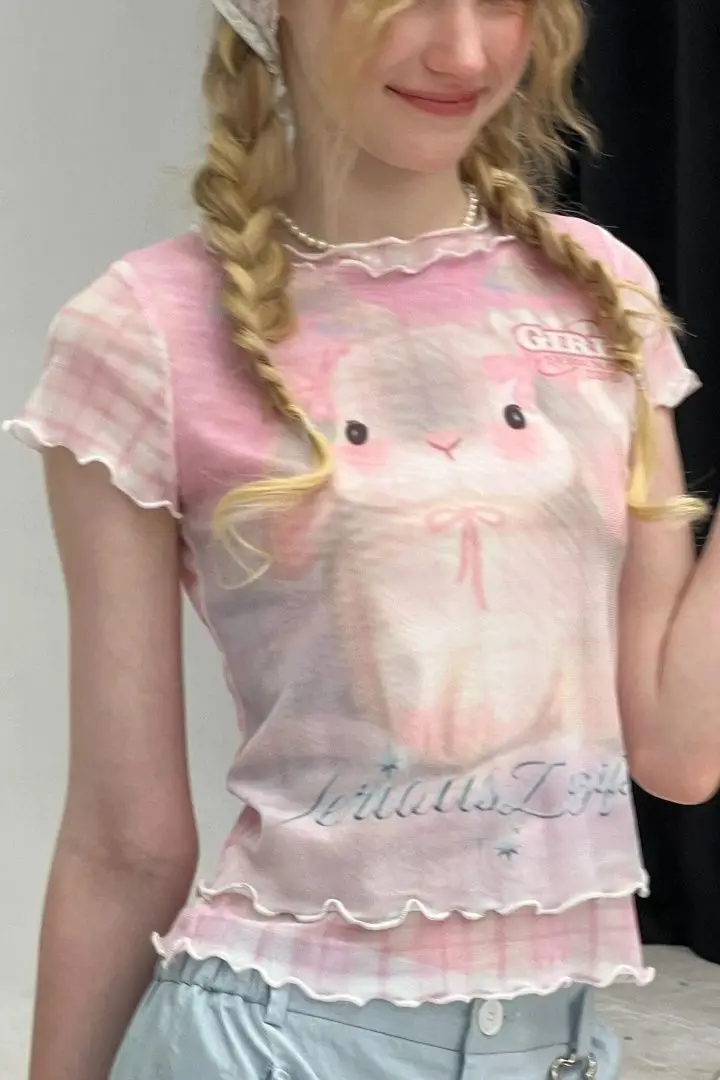 

Summer Hot Girl Pink Plaid Fake Two Piece T Shirt for Women Slim Fit Mesh Short Sleeve Top with Bunny Print Y2K Cute Aesthetic