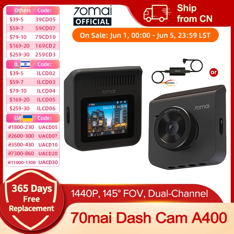 70mai Dashcam A400 1440P Bild 145 °   FOV Auto DVR 70mai A400 Auto Recorder Unterstützung Hinten Cam