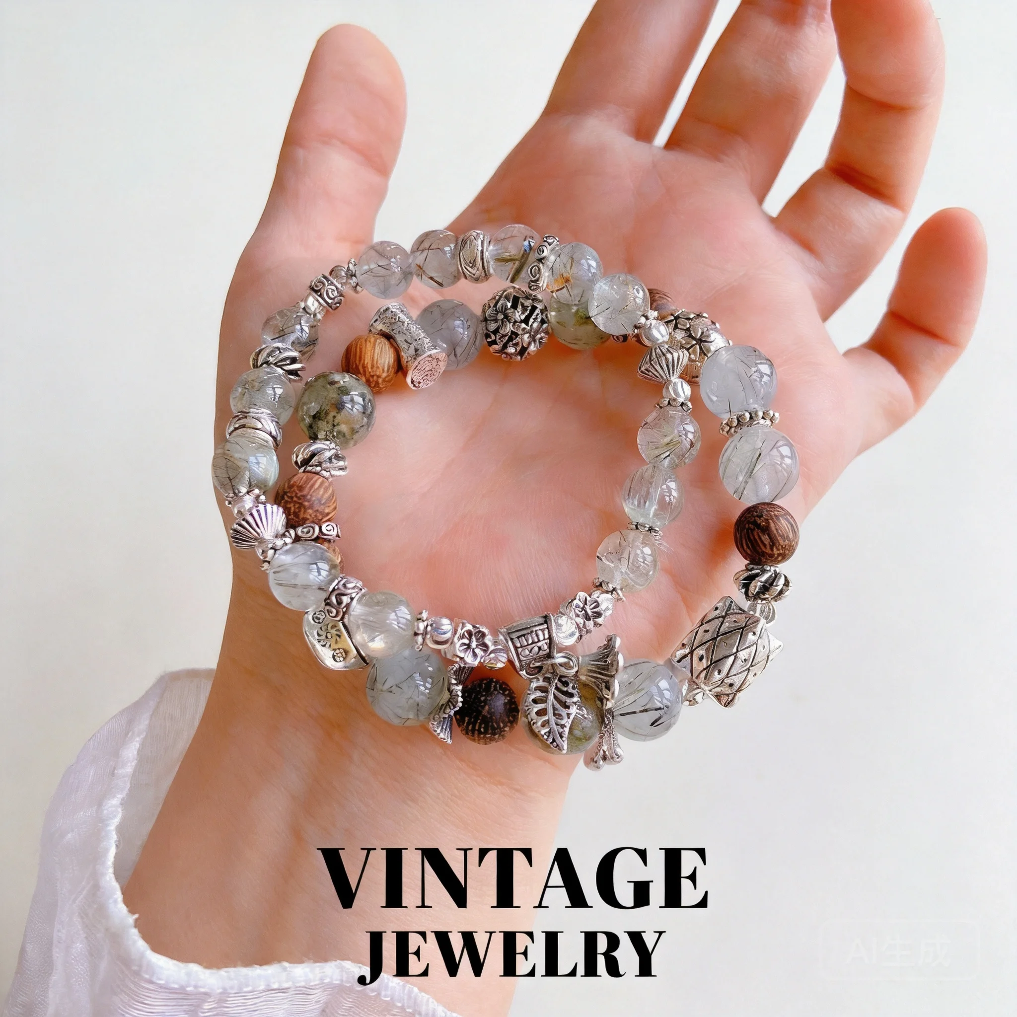 

Chinese Style Lucky Blessing Green Rutilated Quartz Wenge Wood Double Layer Beaded Bracelet Vintage Good Fortune Wealth Attracti