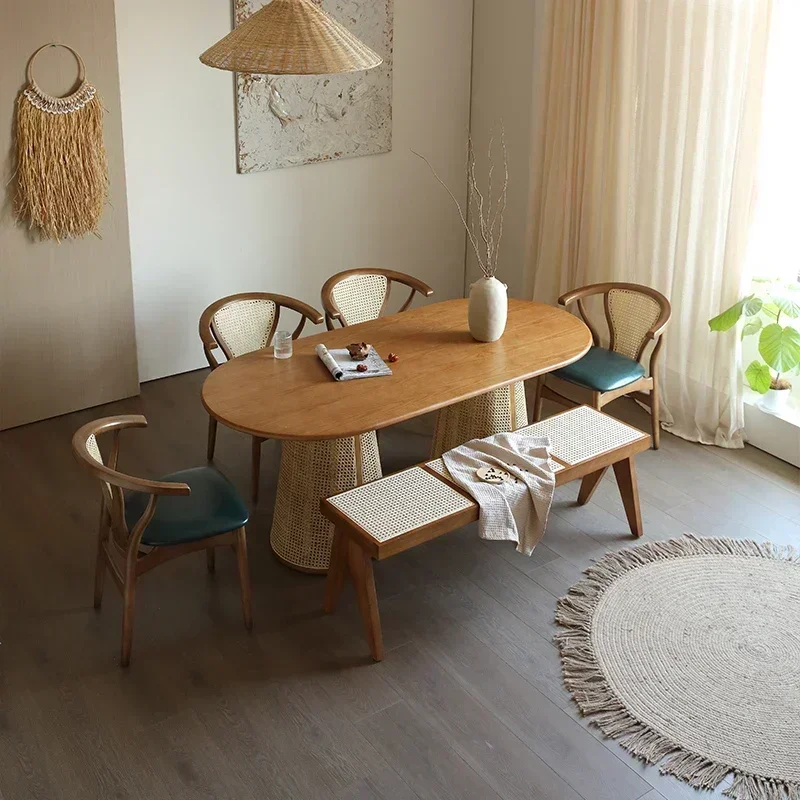

N Quiet Style Solid Wood Dining Table and Chair Vintage Dining Table Dining Room Oval Ash Wood Rattan Table