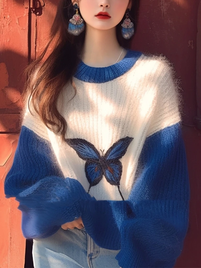 Damskie swetry vintage chic z żakardowej wełny, dzianinowe, jesienno-zimowe, modne, do pracy, luźne, ciepłe, grube.