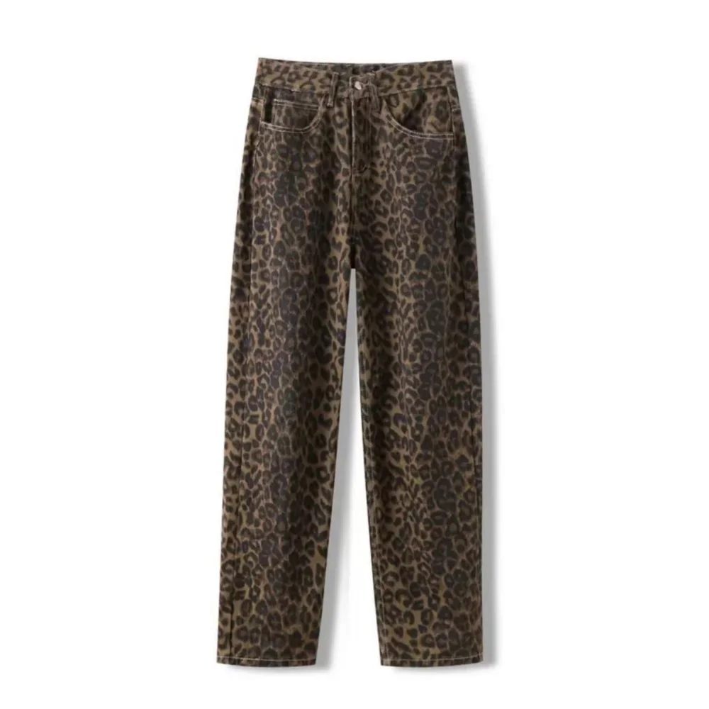Amerikaanse vintage luipaardprint jeans dames herfst winter nieuw design gevoel kleine rechte buis overall casual broek
