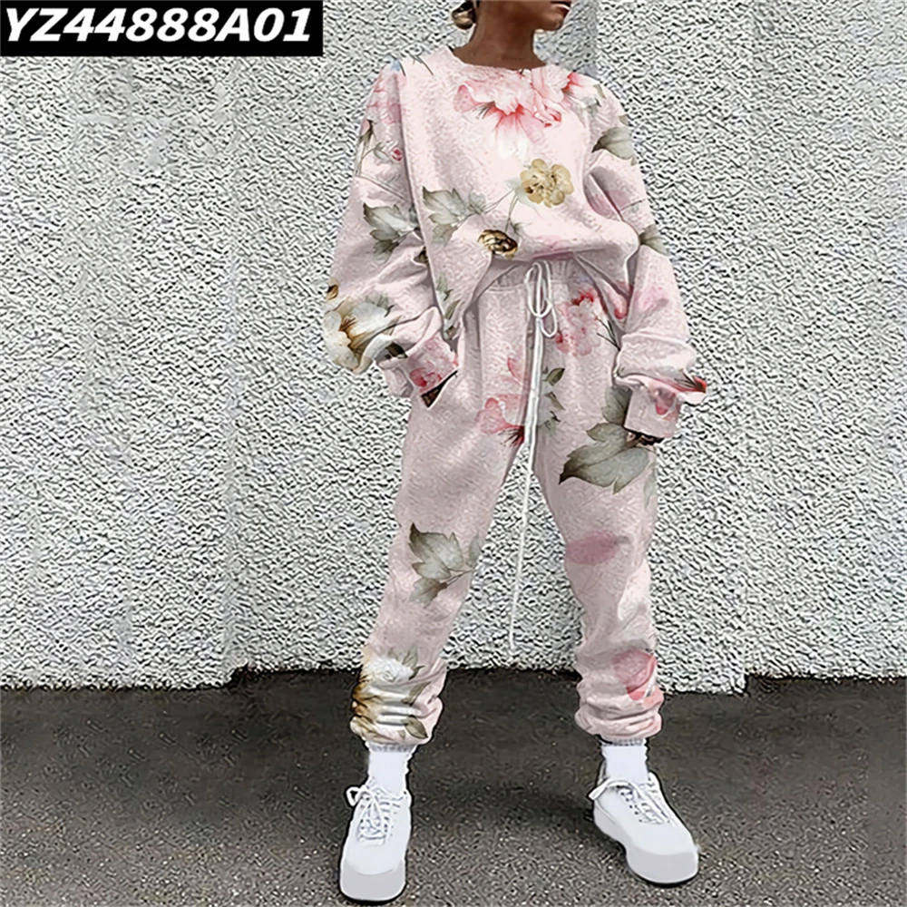 Women Casual Long Sleeve Round Neck Pullover Sweatshirt And Pant Set Harajuku Sportswear Tracksuit