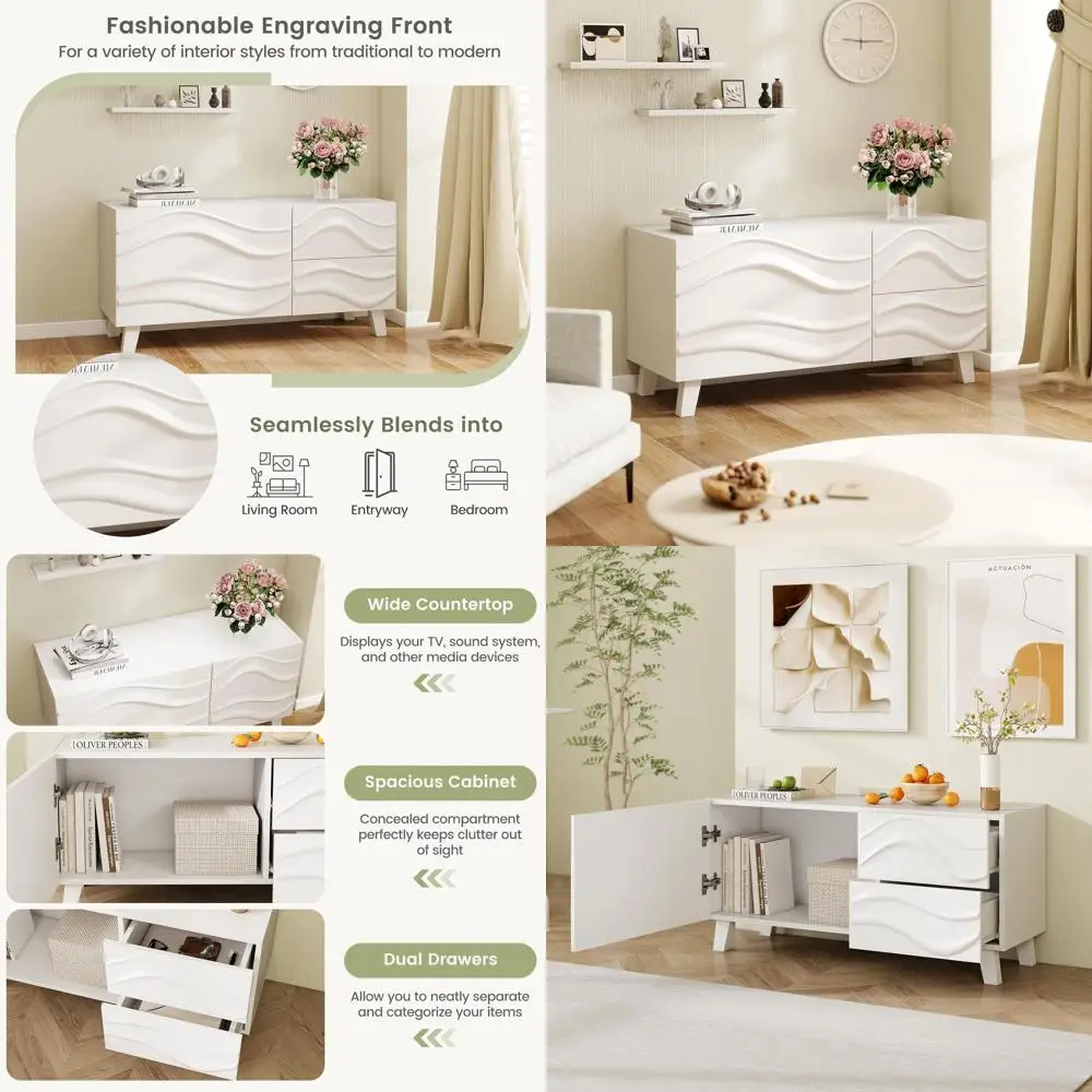 Modern White TV Stand for 44 TVs with Storage, Drawers & Wavy Design for Living Spaces