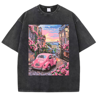 Pink Street Car Printing Washed T-Shirts Womens Cotton Tops O-Neck Comfortable Distressed Streetwear Summer Casual Woman Clothes