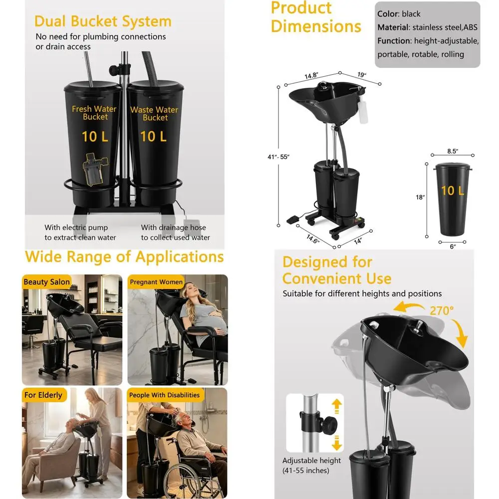 

Adjustable Height Dual-Bucket Portable Shampoo Bowl with Electric Pump, Hair Washing Station for Home and Barbershops, Black