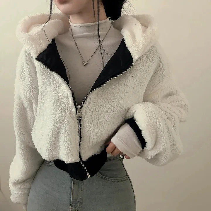 

Korean Sle Chic Women's Cotton Jaet Thiened ort Padded Coat with Hat Long Sve Warm Fluffy Loose Fit Two-Way Wear