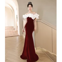 Wine Red Velvet  Prom Dress Elegant Ruched Off Shoulder Engagement Dresses luxurious Mermaid Floor -Length Formal Banquet Gown