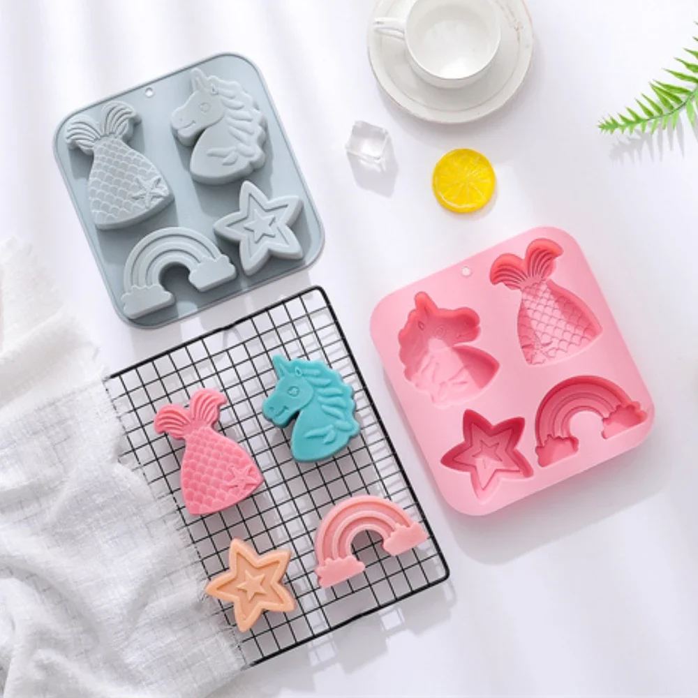4 Holes Star Rainbow Silicone Chocolate Moulds Unicorn Jelly Biscuit Molds Mermaid Scented Candle Birthday Party Decor Soap Gift