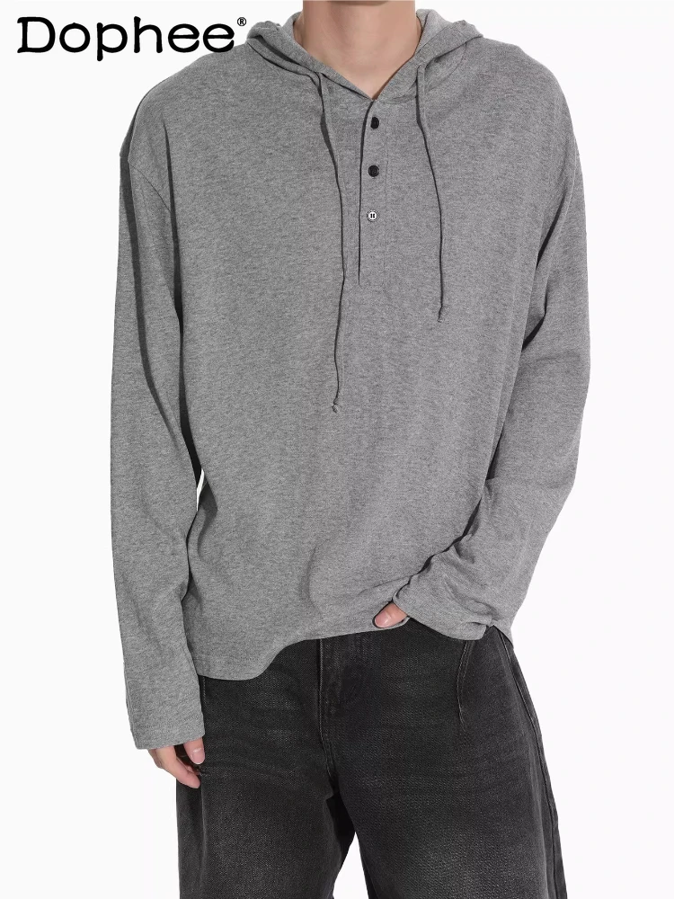 

Модные однотонные мужские футболки с капюшоном и длинными рукавами, весна 2026, новые тонкие стильные топы, шикарные индивидуальные удобные модные базовые рубашки