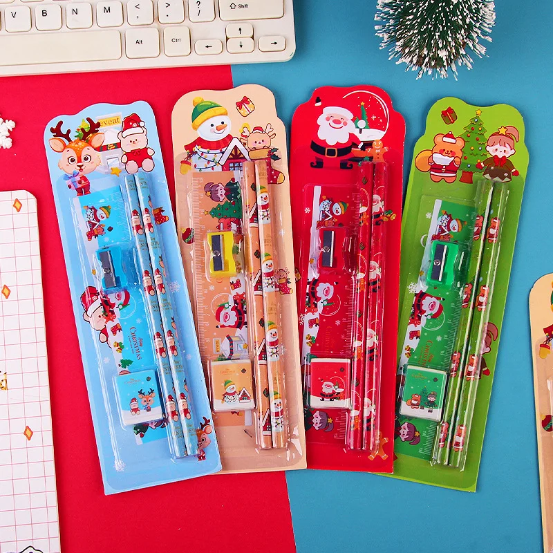 Christmas Pencils Stationary Set Cute Cartoon Eraser Ruler Sharpener School Supplies Cartoon Stationary Set Kid's Gift