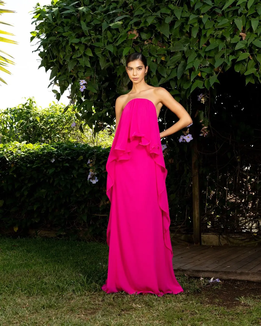 Pretty Hot Pink Chiffon Evening Maxi Dress 2025 Summer Travel Beach Dress Women Wedding Party Dresses Fuchsia Ruffle Formal Gown