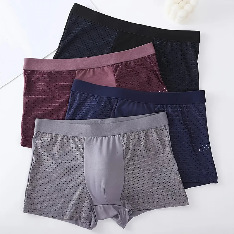 5Pcs Set Of Breathable Men's Comfortable Underwear With Mesh Holes Sexy Seamless Flat Angle Underwear For Men's Casual Underwear