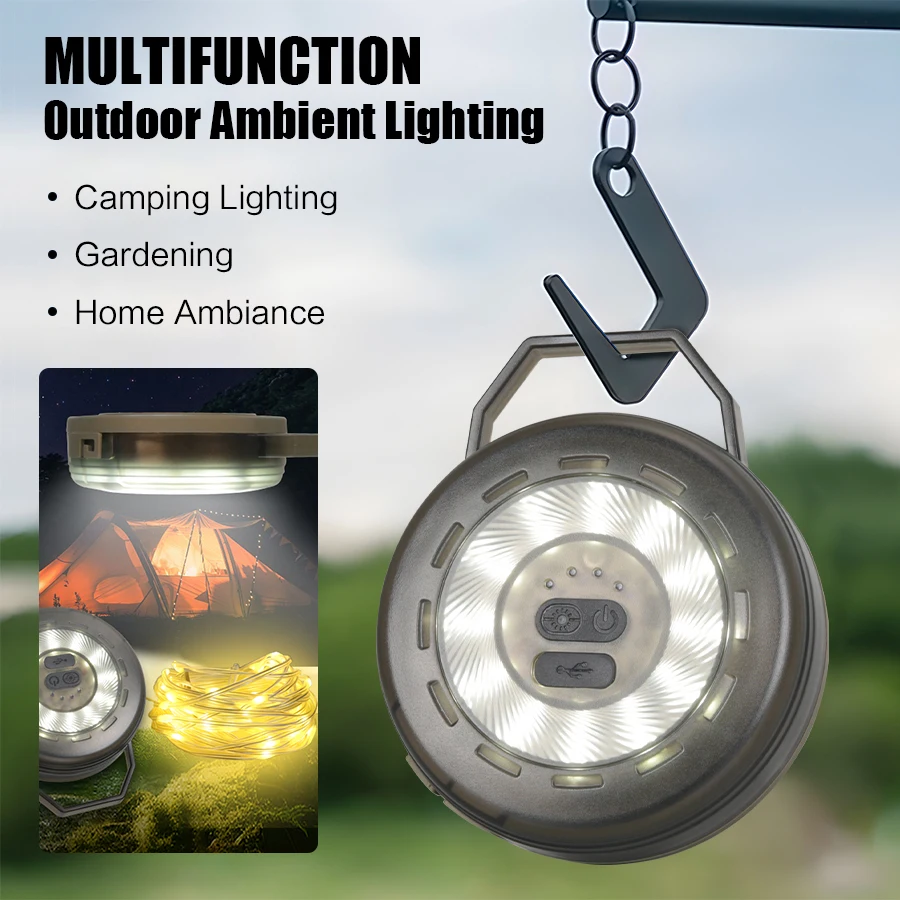 New 2-in-1 Camping Light LED Atmosphere String Lights Rechargeable Outdoor Camping Portable Lantern for Garden Tent Room Decor