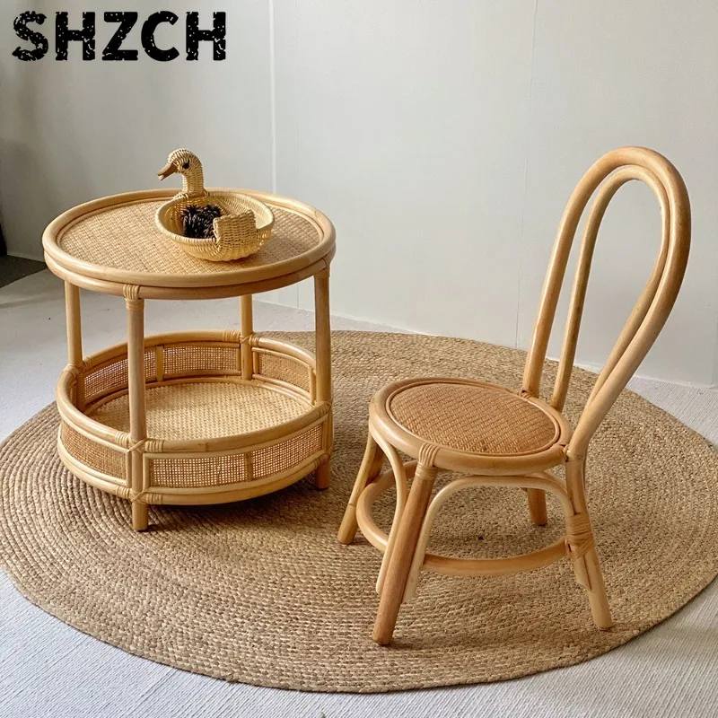 Natural Woven Rattan Coffee Table Minimalist Side Table for Small Spaces 2 Layers Round Sofa End Tables Living Room Center Desk