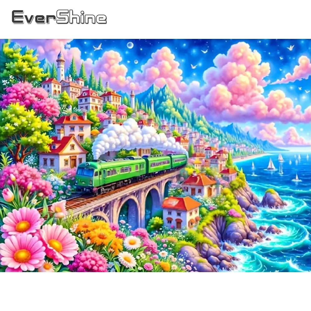 EverShine Full Square Round Diamond Painting Train Landscape Suitable for Beginners Embroidery House Kit Mosaic Handmade Gift