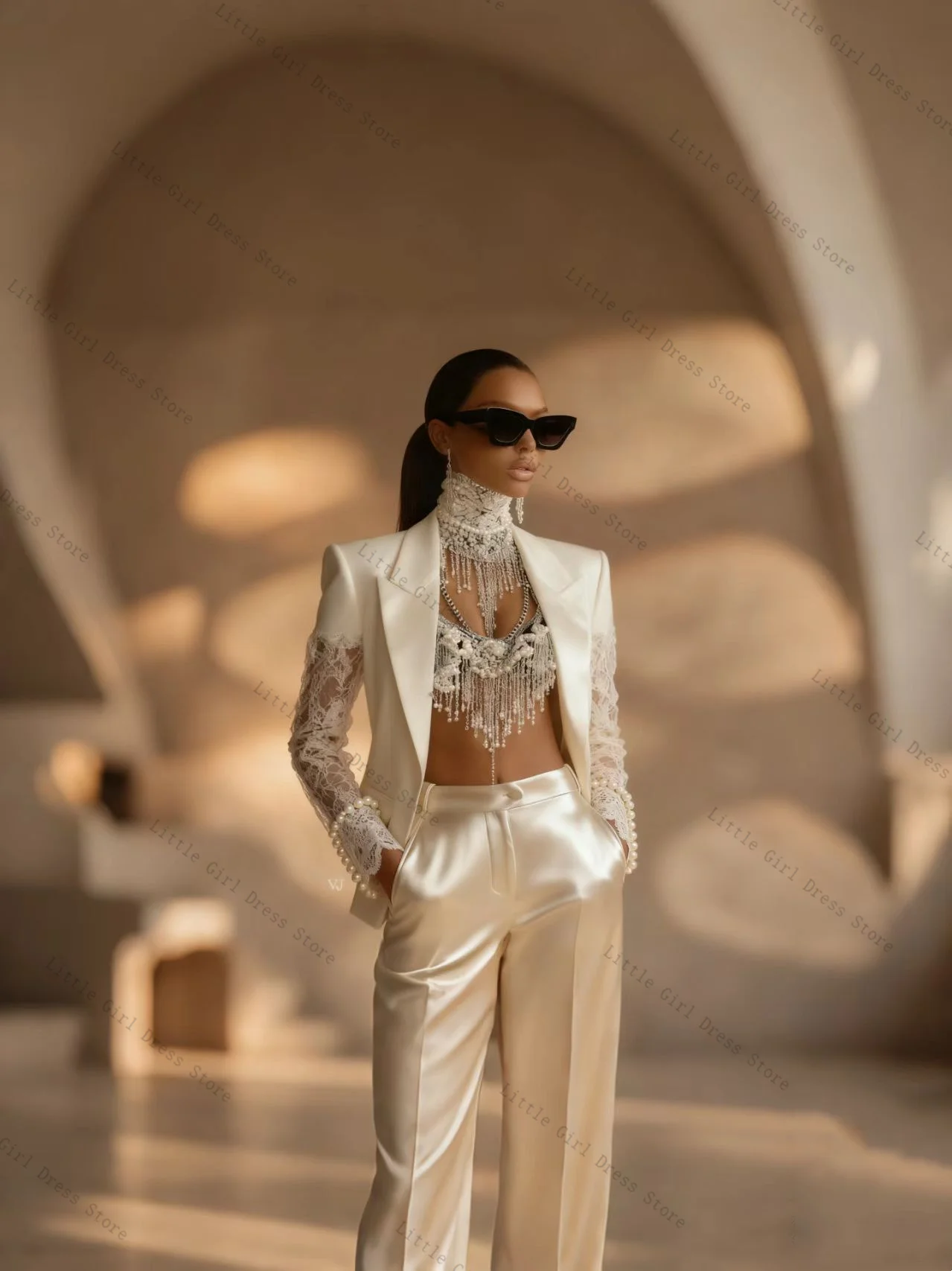 

Beige Satin Lace Women Suit Set 2 Piece Blazer+Trousers Formal Business Office Lady Jacket Party Wedding Bride Coat Customized