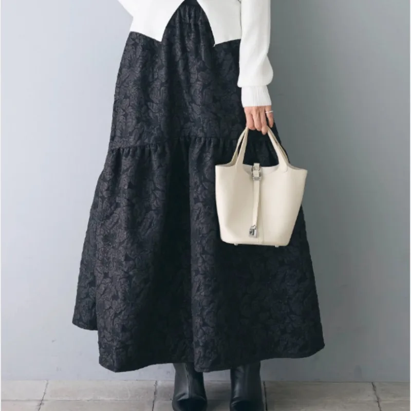 black Flower Jacquard Skirt For Women 2025 spring  Autumn Vintage korean style A Line High Waist Midi Long skirts Female Ladies