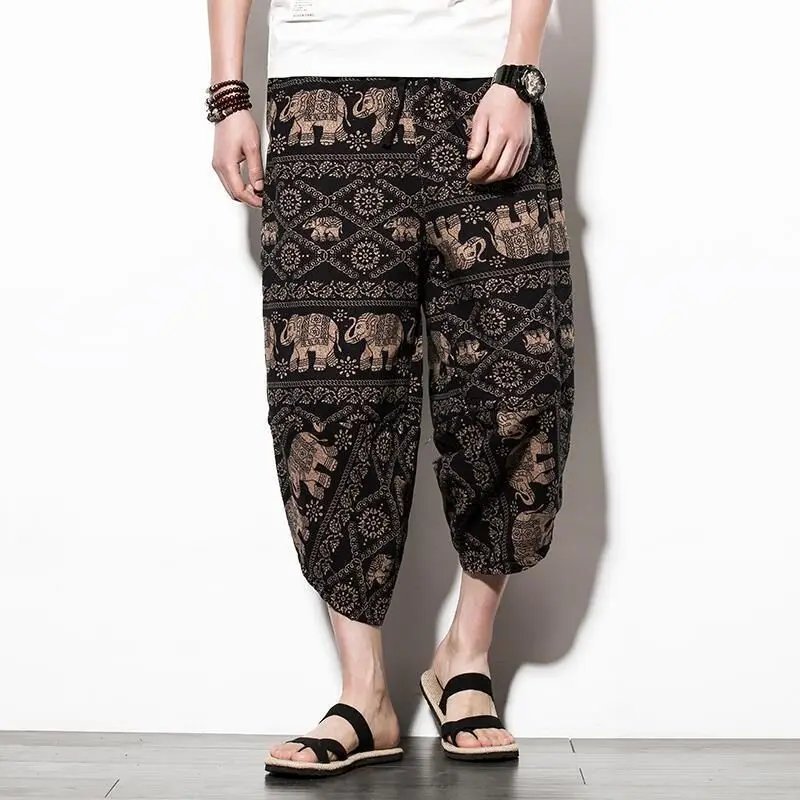 Cotton Linen Ethnic Print Men Capris Pants Summer Beach Hawaii Holiday Casual Patalon Male Thailand Chinese Nepal Vintage Pants