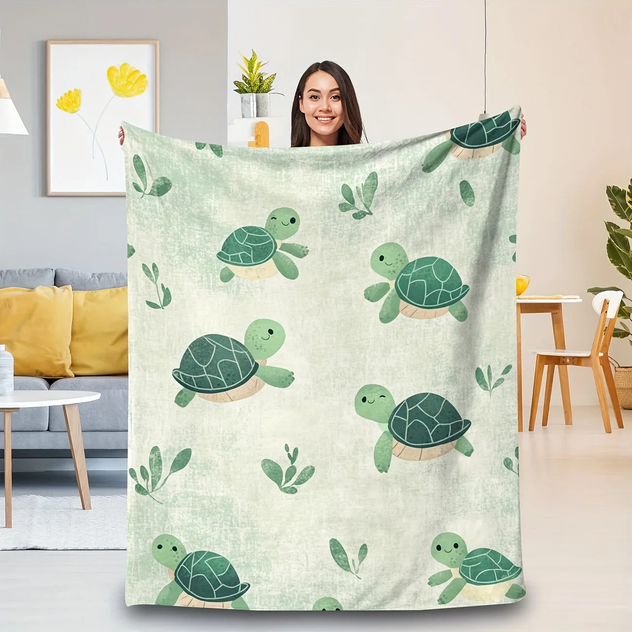 Comfortable Turtle-Themed Flannel Blanket - Soft, Warm, All-Season Comfort with Cute Green Turtle And Leaf Pattern, Perfect for