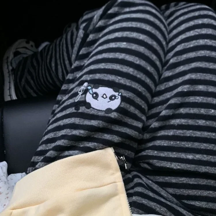 Autumn Winter New Thicked Warm Pants Y2k High Waist Loose Wide Leg Pants Panda Embroidery Black Gray Striped Straight Trousers