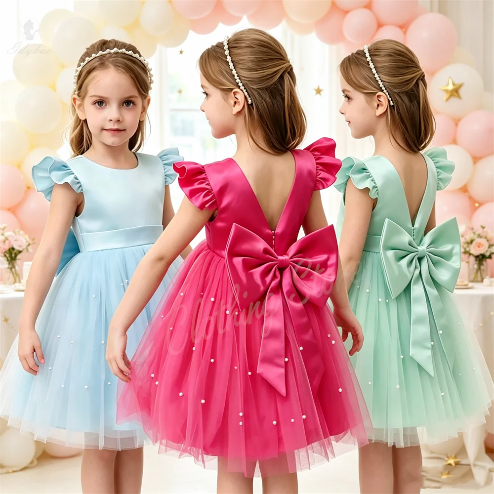 Rose Red Flying Sleeve Flower Girl Dress Children's Princess Wedding Companion Birthday First Communion Performance Dress