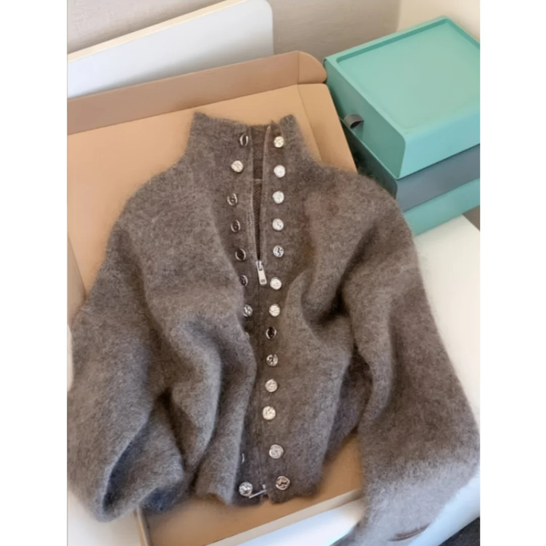 Luxury Fluffy Knitted Cardigan Sweater Design Double Breasted Sweater Coat Women Autumn High-end Lazy Zipper 2000s Y2k Knit Top