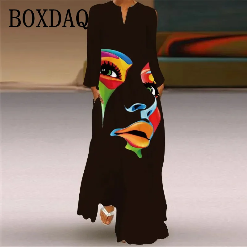 Ladies Spring Autumn Long Dress Women Long Sleeve V-neck Elegant Party Casual Mask Hand Drawn Face Printed Vintage 3D Maxi Dress