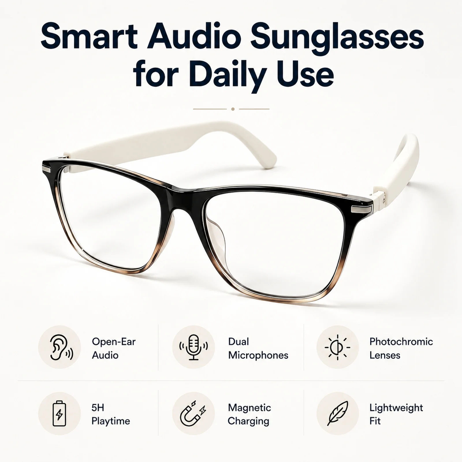 Photochromic Bluetooth Glasses Fashion Open Ear Audio Dual Microphones UV Protection Smartglasses Sunglasses for Commute Travel