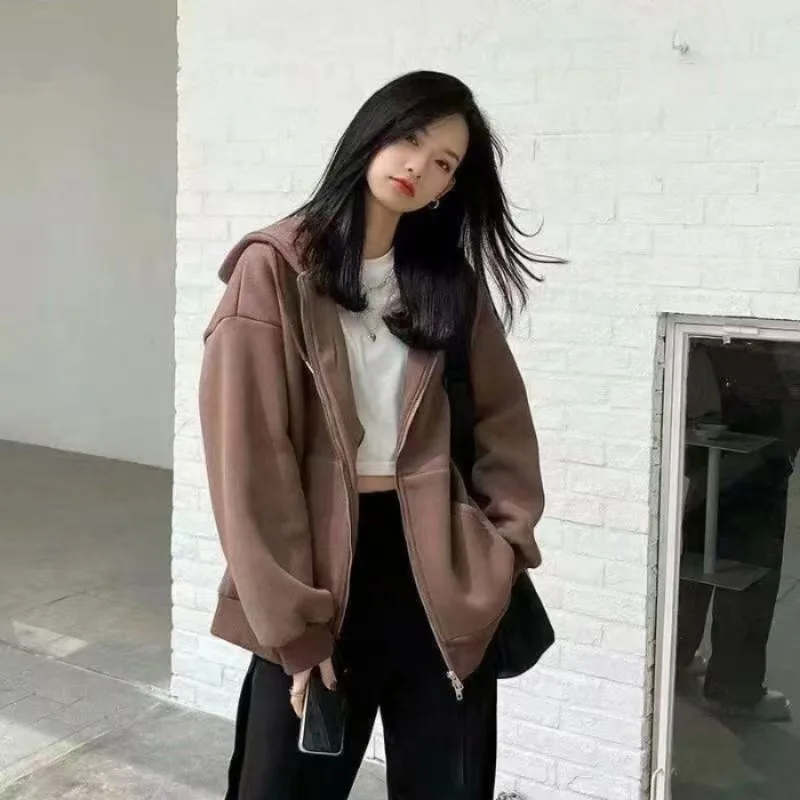 Sweater Jacket Women Clothes Autumn Zip Up Hoodie Long-sleeved Sweatshirt Coat Korean Lazy Style Thick Hooded Fashion Cardigan