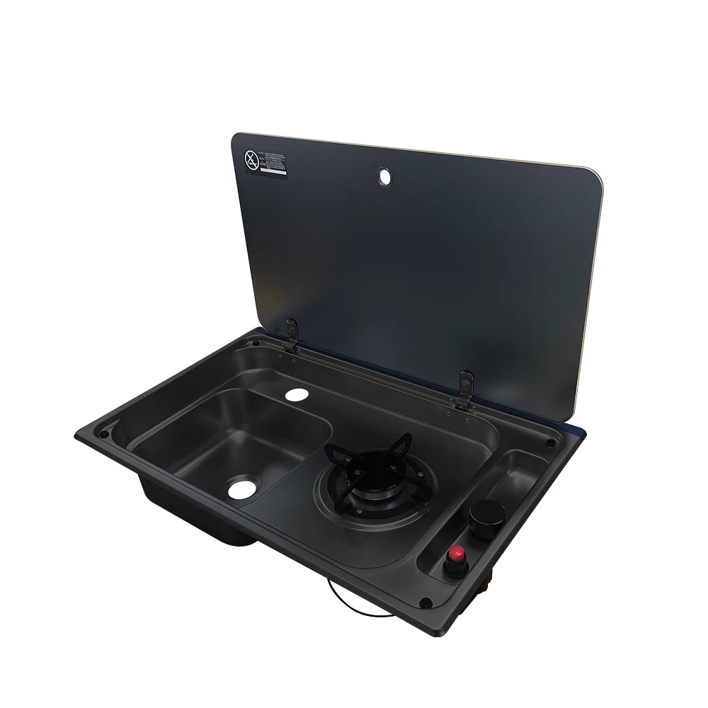 JDA Black Coating 304 Stainless Steel RV Sink And Burner Cooktop Stove Combo With Tempered Glass Lid For Caravan Camper Yacht