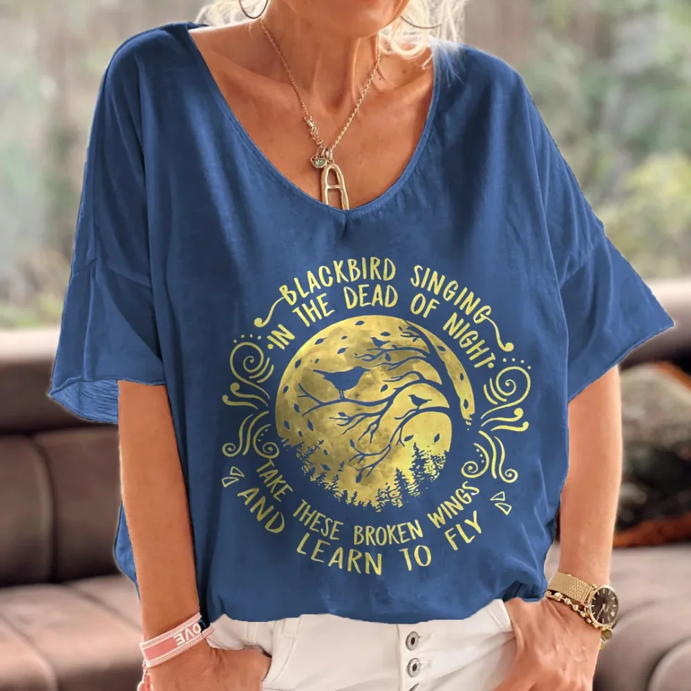 

Rheaclots Women's Blackbird Singing In The Dead Night Printed Hippie T-Shirt