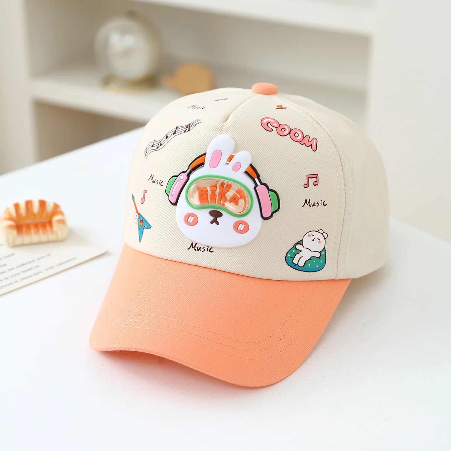 Children's Multi-Color Striped Print Letter Music Rabbit Baseball Cap, Available in Multiple Colors, Adjustable Sun Hat