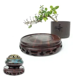 1pcs Retro Buddha Wood Display Stand Vase Tea Set Strange Stone Crafts Solid Carved Round Base Literary Ornaments Home Decor