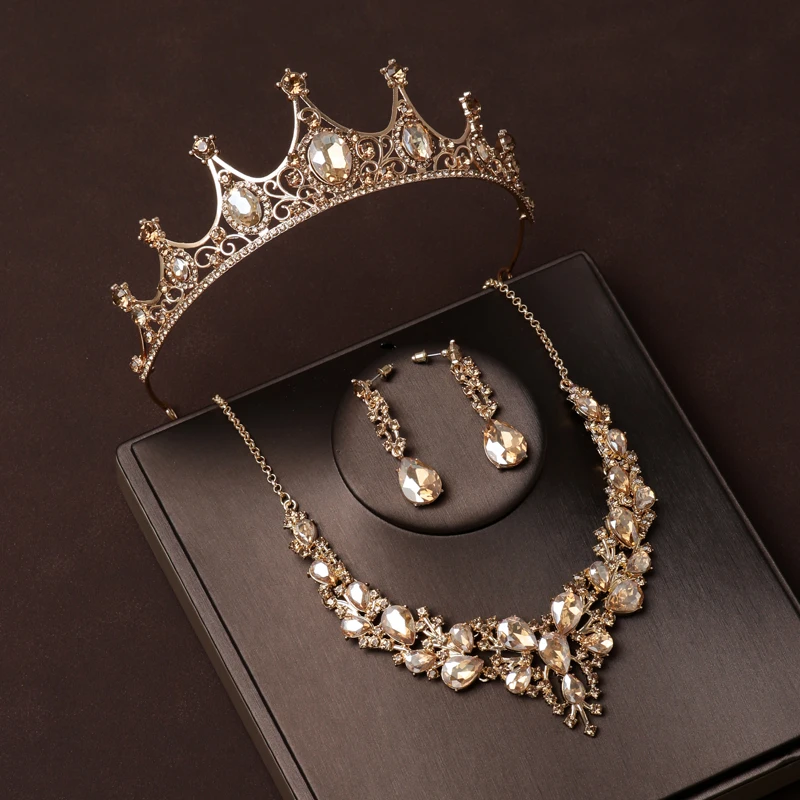 Itacazzo Bridal Headwear Champagne-color Fashion Style Classical Ladies' Crown Necklace Earrings 4 Pcs Set ​For Wedding