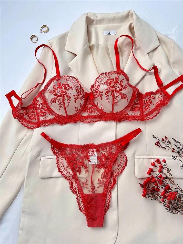 Embroidery Sexy Bra Sets for Women Fancy Lingerie Lace Fairy Seamless Underwear See Through Exotic Sets Floral Bra Brief Set